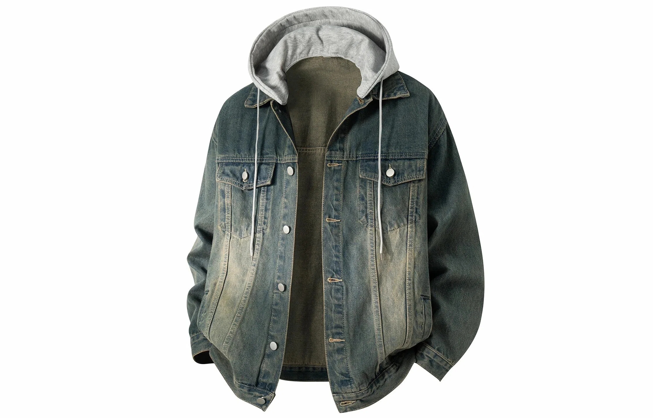 大卫贝肯 美式复古水洗做旧可脱卸连帽宽松百搭牛仔外套 男女同款