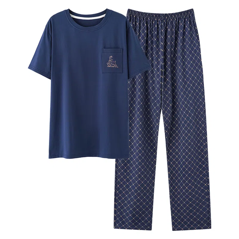 莫代尔 舒适透气简约圆领百搭短袖上衣可外穿居家服长裤睡衣套装 男款 深蓝色