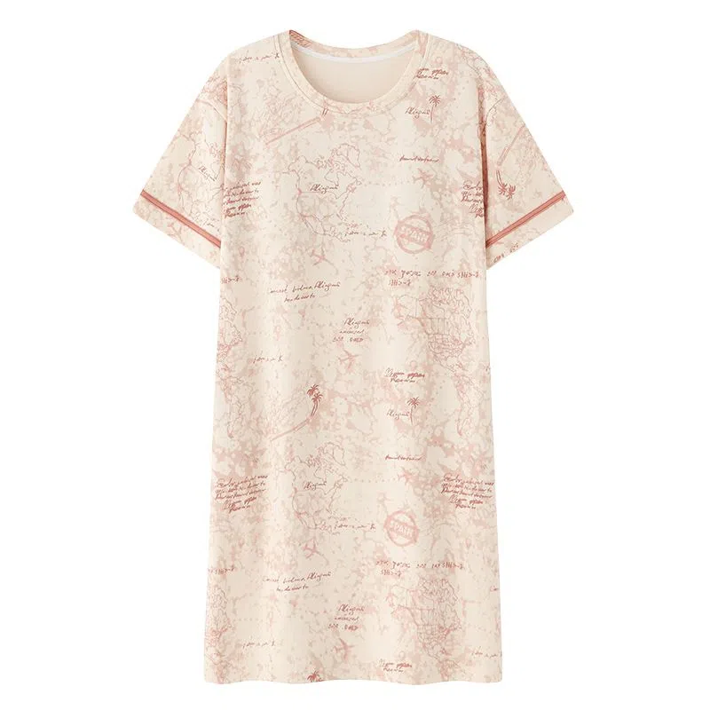 细舍 纯棉短袖套头中长裙过膝休闲可外穿睡裙 女款 杏色