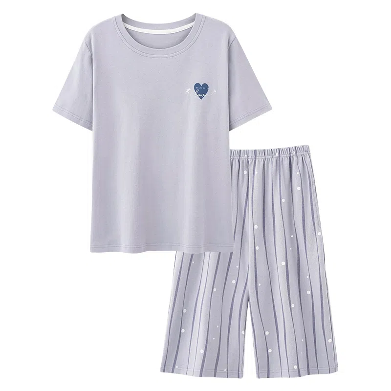 莫代尔 时尚亲肤气质百搭圆领套头舒适宽松柔软透气短袖七分裤可外穿夏季睡衣套装 女款 浅紫色