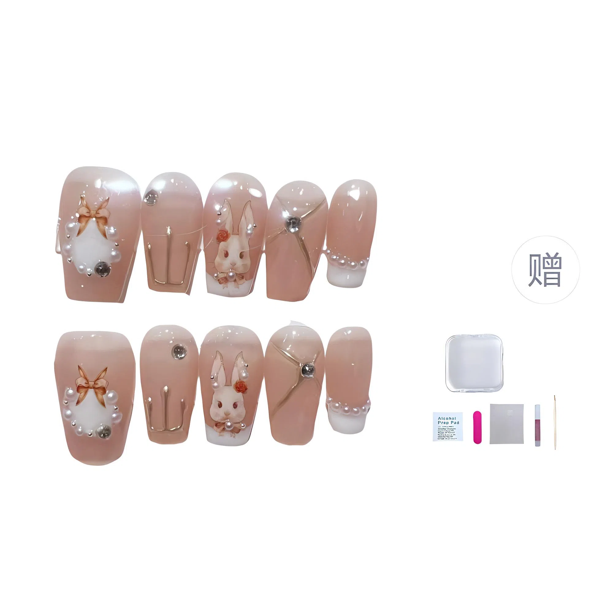 几多萌 穿戴甲假指甲贴片兔子美甲洛可可兔可拆卸  短梯粉色腮红晕染