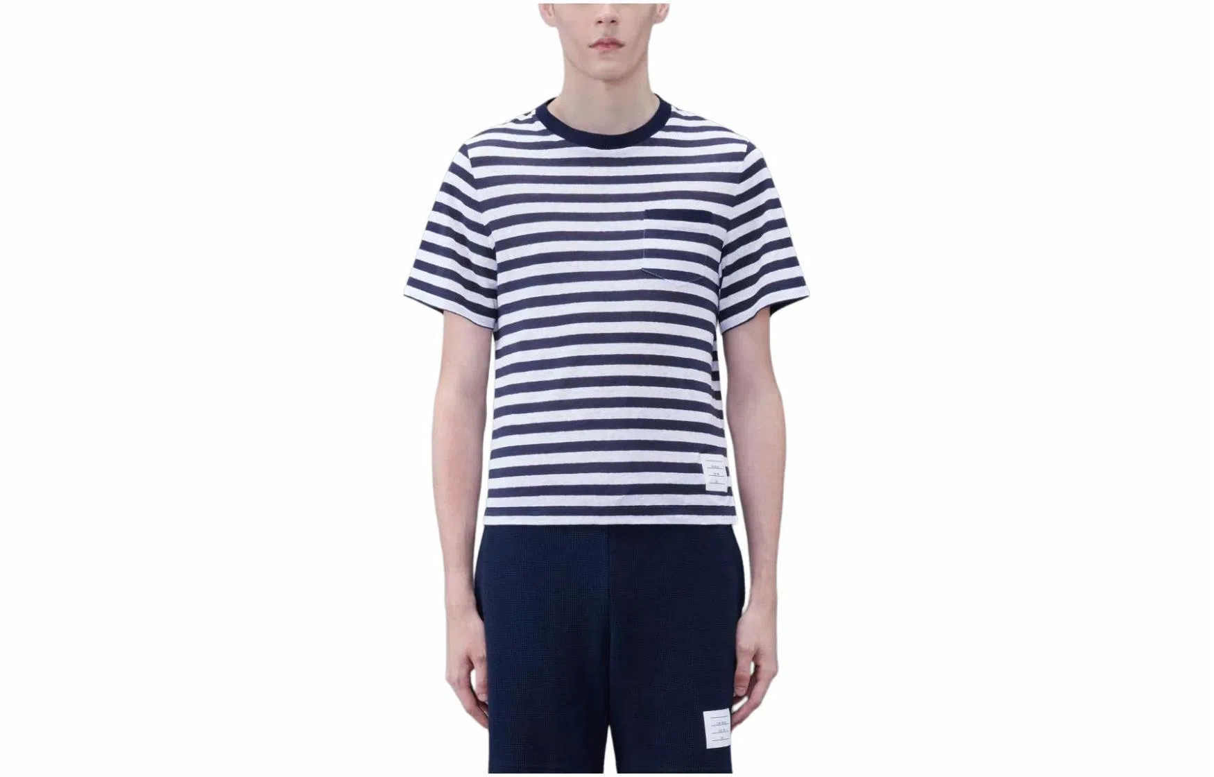 THOM BROWNE Linen Jersey Short Sleeve Striped Pocket Tee T