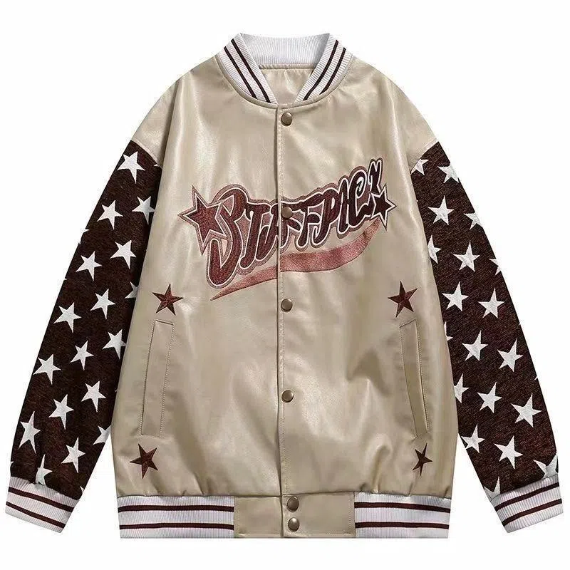 费尔岛上的猫  美式复古五角星刺绣拼接潮牌宽松炸街棒球服 男女同款 杏色