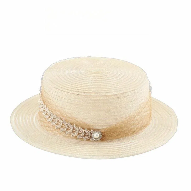 尚先生 法式网纱麦穗平顶 薄款透气旅游遮阳帽 纤维素 礼帽 女款