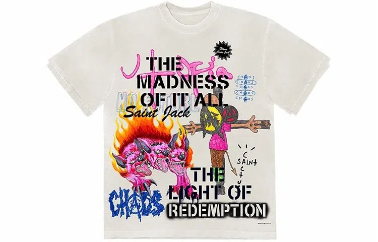 Travis Scott x SAINT Mxxxxxx Letter Doll Flame Hellhound Tee White