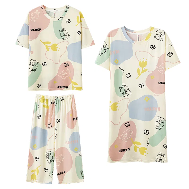 莫代尔 舒适透气百搭圆领短袖上衣亲肤细腻休闲长裤家居服可外穿睡裙睡衣套装 女款 杏色