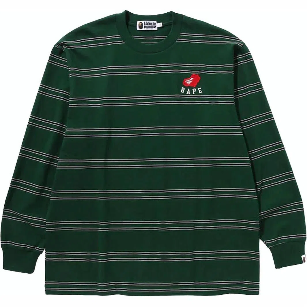 A BATHING APE Logo Stripe Long Sleeve T-Shirt