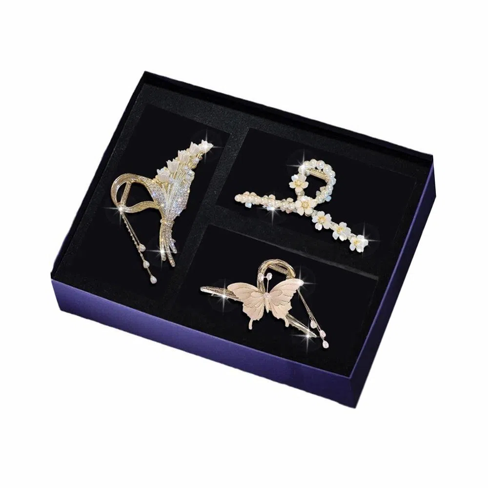缔晶 浪漫清新新中式蝶恋花流苏鲨鱼夹套装 森系时尚通勤造型发饰礼盒 合金 发夹 女款