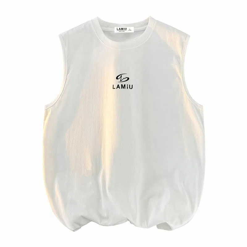 兰缪 日系纯色基础款简约宽松直筒圆领百搭休闲字母透气圆领纯棉无袖背心 男女同款