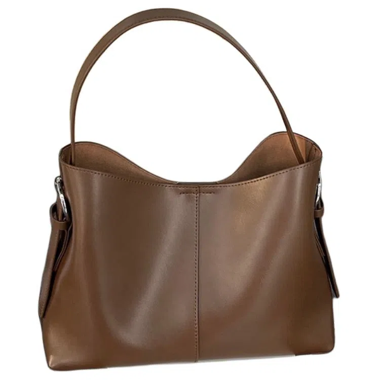 恒源祥 时尚百搭高级感百搭真皮复古商务通勤 牛皮 水桶包单肩包 女款 黑色/咖啡色