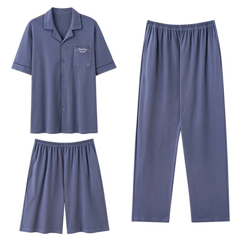 夏芬妍 简约舒适纯色纯棉翻领家居服亲肤宽松休闲短袖短裤长裤三件套时尚可外穿睡衣套装 男款 黛蓝色