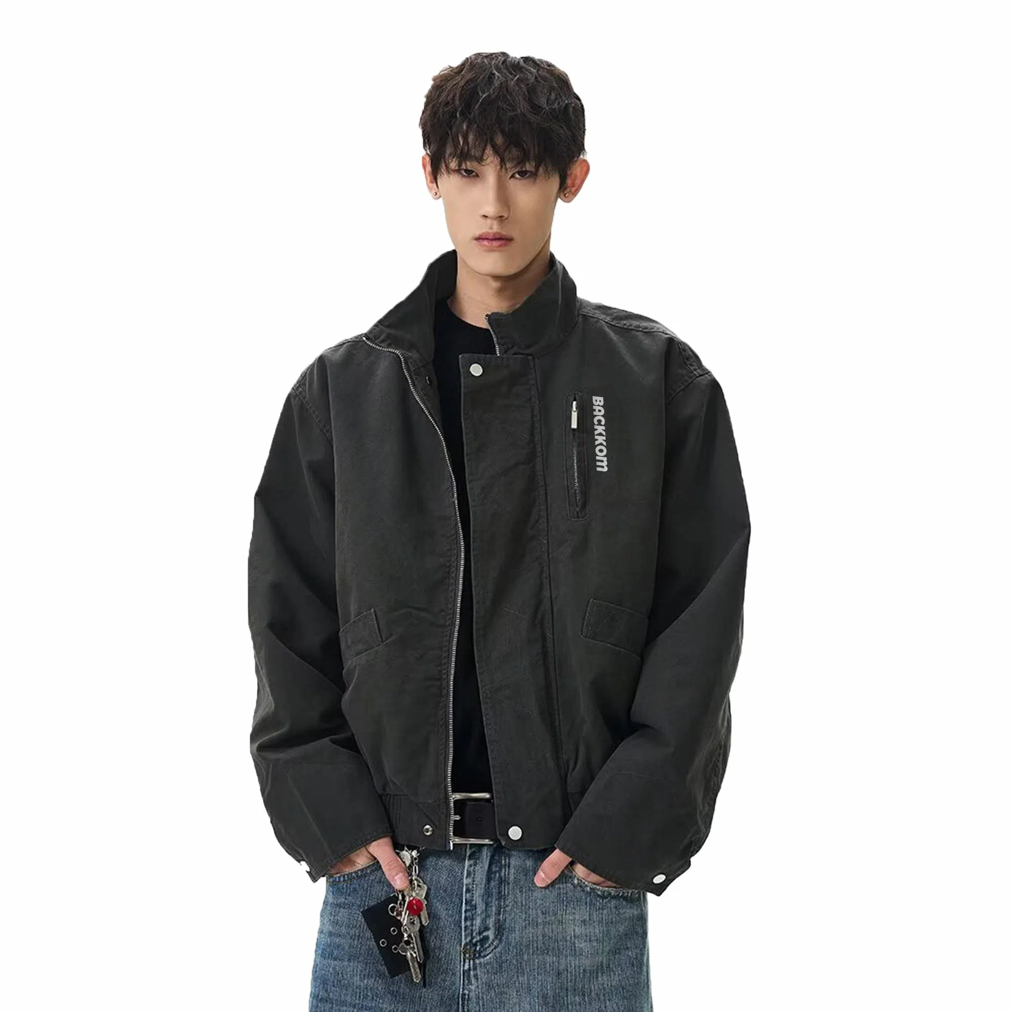 大卫贝肯 美式复古简约短款显高立领品牌字母印花宽松休闲百搭痞帅风夹克外套 男女同款