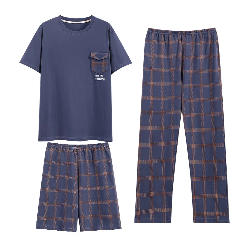 莫代尔 舒适圆领短袖上衣休闲简约透气短裤可外穿家居服长裤睡衣套装 男款 深蓝色