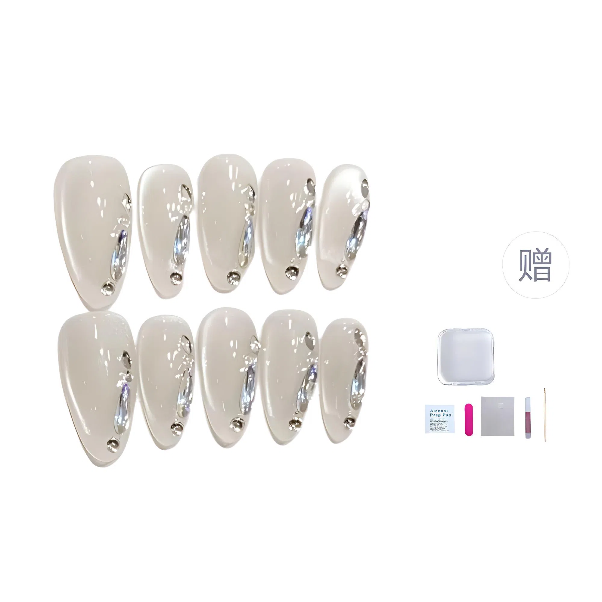 几多萌 【晶珠猫眼】 玻璃珠猫眼美甲穿戴甲手作高级氛围感冰透裸色幻彩钻可拆卸  杏仁银色晕染 猫眼