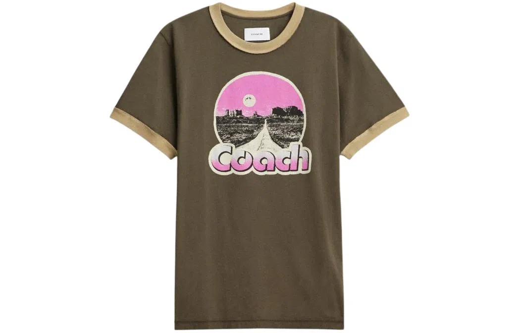 COACH Letter Print Crewneck T-Shirt Brown