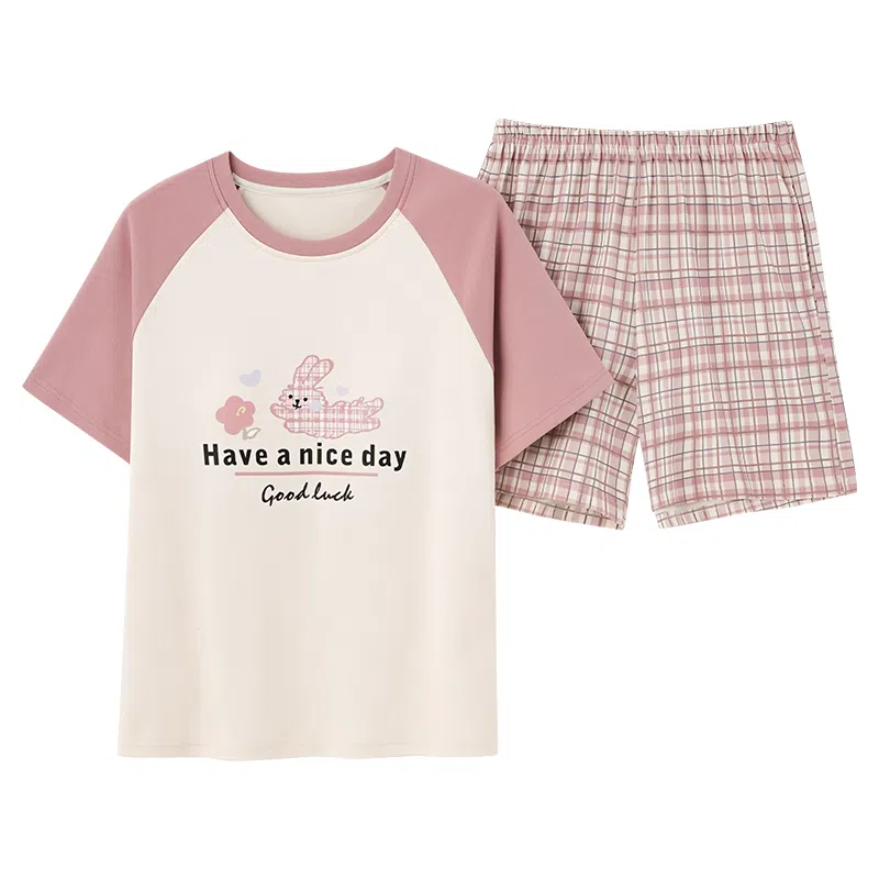 芬腾可安 卡通小兔子字母印花带胸垫上衣格子透气三分裤睡衣套装 女款 杏色