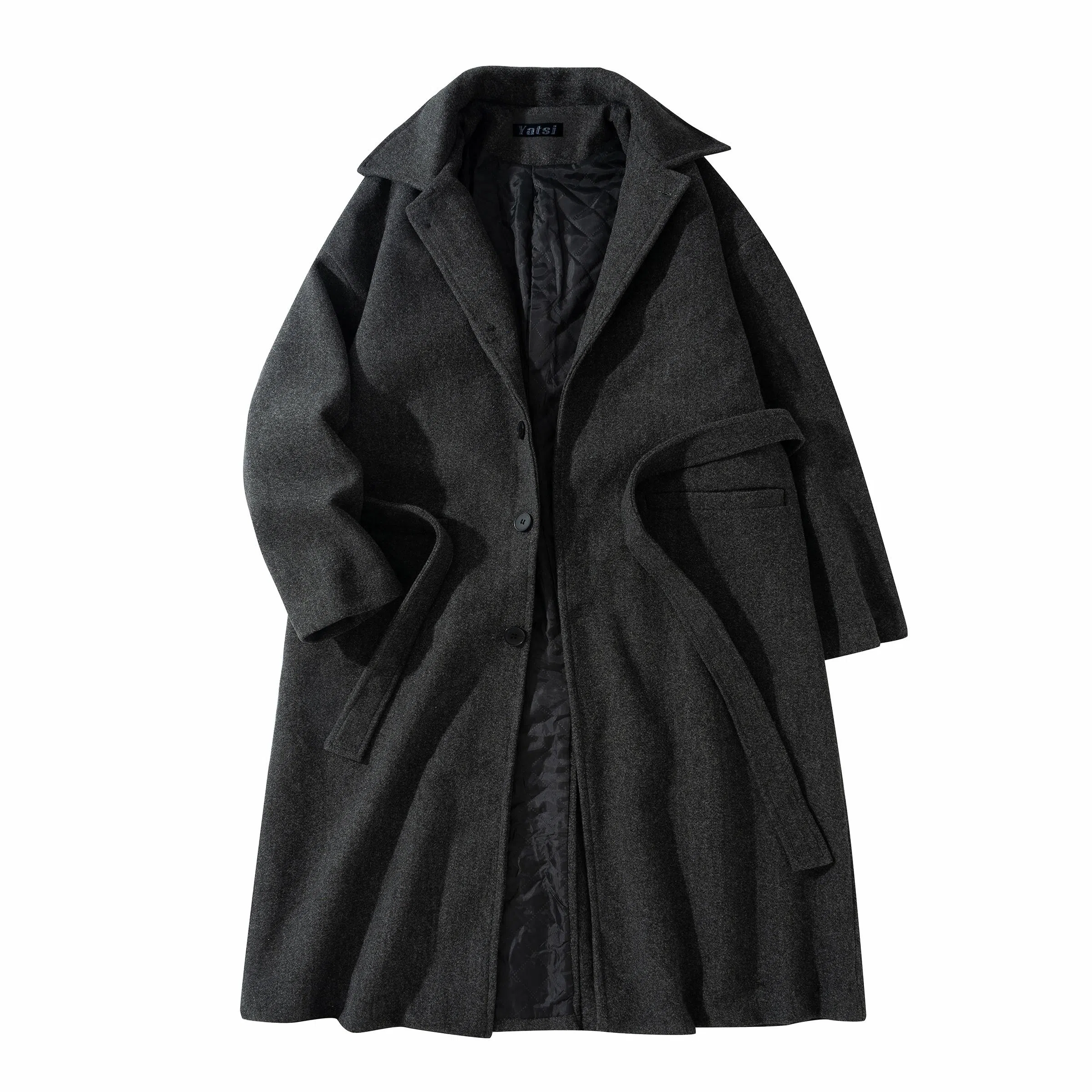 美式复古韩系束带西装领纯色经典百搭纯色英伦风高级感单排扣翻领中长款过膝毛呢夹棉加厚保暖休闲大衣 男女同款