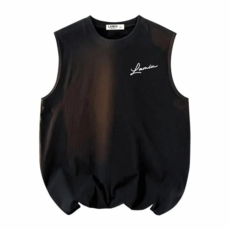 兰缪 日系纯色基础简约宽松圆领直筒百搭休闲字母透气圆领纯棉无袖背心 男女同款