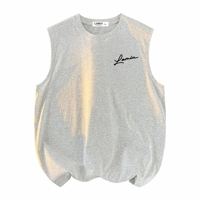 兰缪 日系纯色基础简约宽松圆领直筒百搭休闲字母透气圆领纯棉无袖背心 男女同款