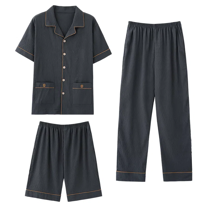 莫代尔 舒适轻盈透气翻领开衫休闲不易起球短袖可外穿家居服睡衣套装 男款 深灰色