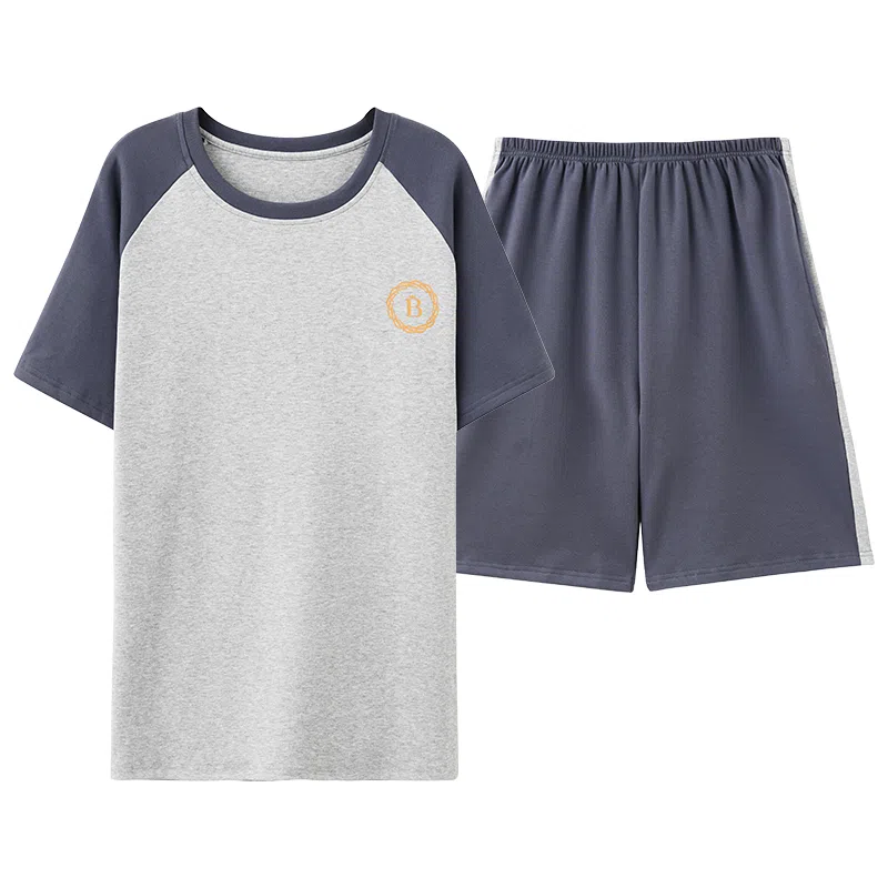 莫代尔 宽松舒适柔软亲肤圆领套头气质时尚透气细腻不易起球短袖可外穿夏季睡衣套装 男款 雾蓝色