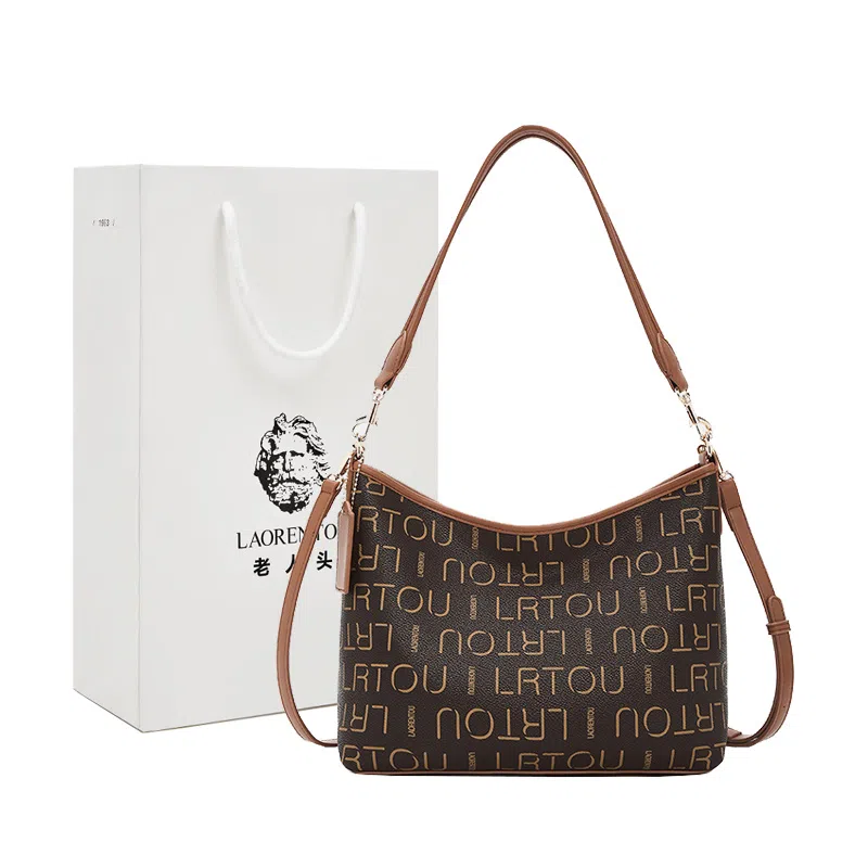 老人头 经典百搭复古印花设计日常通勤老花 合成革 斜挎单肩包 常规 女款 咖色