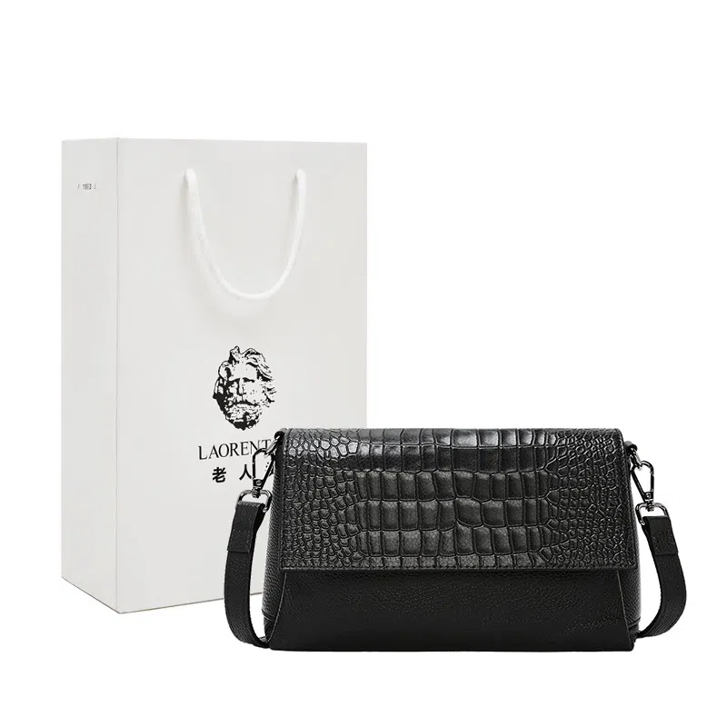 老人头 简约时尚大气压纹翻盖斜挎包 头层牛皮 单肩包 常规 女款 黑色