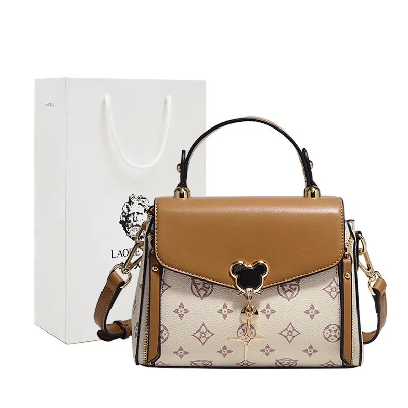 老人头 时尚大气复古老花 合成革 手提包 女款 白色/咖色