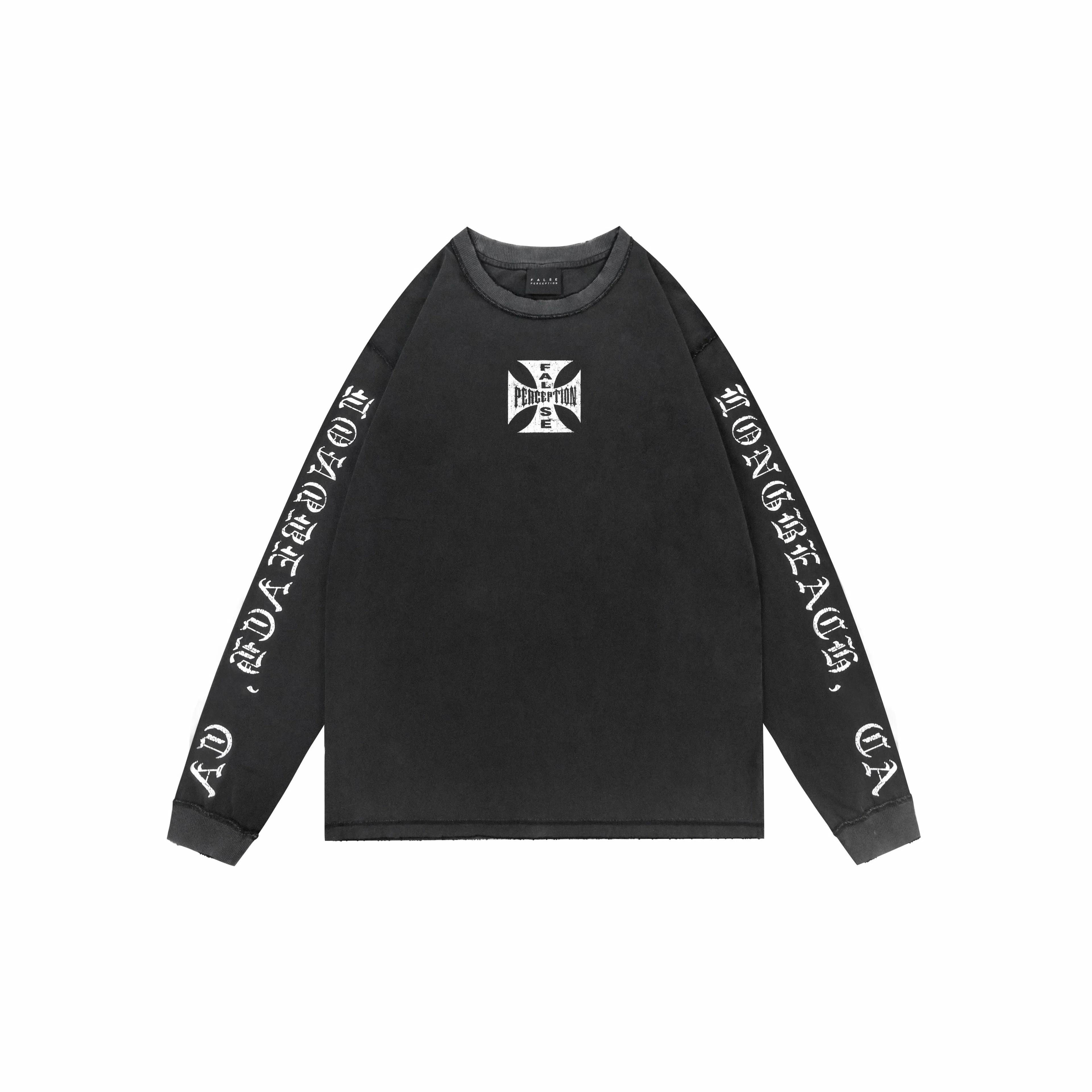 False Perception Distressed Cross Logo Long Sleeve Pullover Black