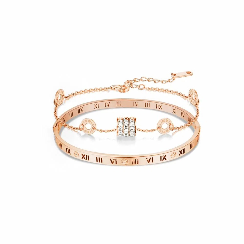 饰伴 小众精致罗马数字镶锆一对 小蛮腰轻奢气质百搭高级风叠戴好运镯子 合金 手镯 女款