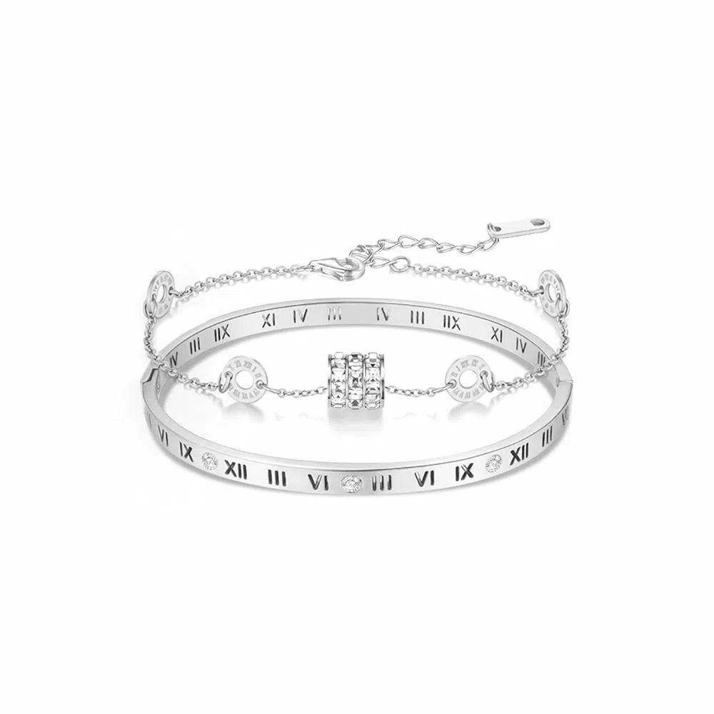 饰伴 小众精致罗马数字镶锆一对 小蛮腰轻奢气质百搭高级风叠戴好运镯子 合金 手镯 女款