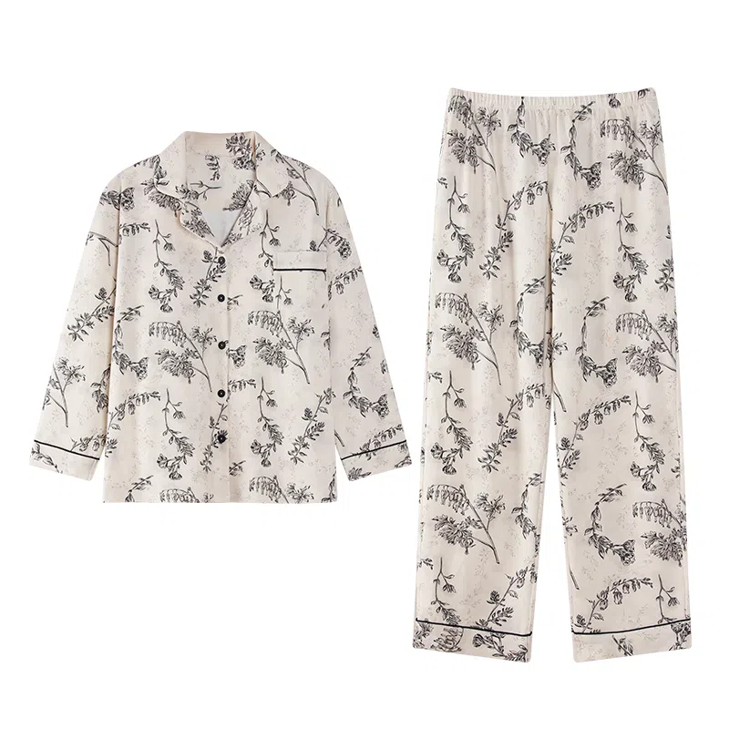 欧迪芬 纯棉时尚印花长袖长裤家居服睡衣套装 女款 白色碎花