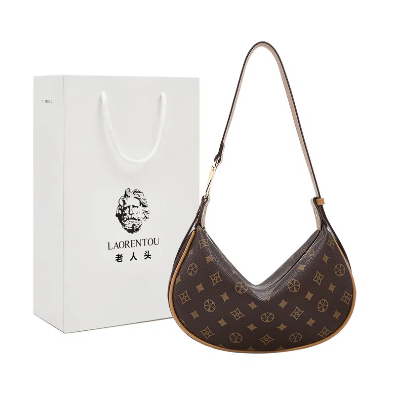 老人头 经典时尚百搭通勤老花饺子包 合成革 斜挎单肩包 常规 女款 咖色