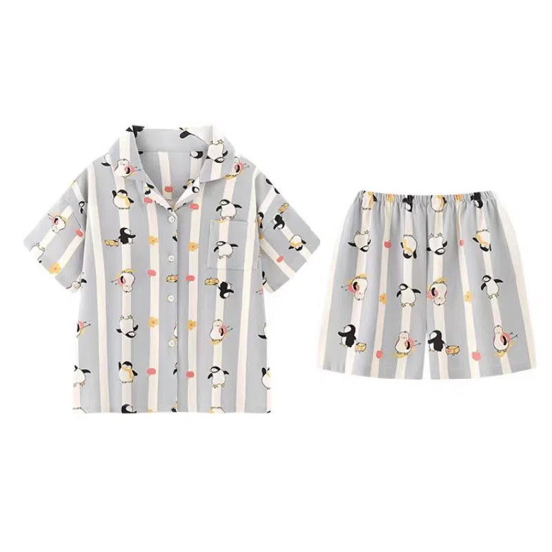 夏芬妍 甜美休闲舒适时尚条纹企鹅纯棉翻领家居服亲肤宽松短袖短裤可外穿睡衣套装 女款 蓝色