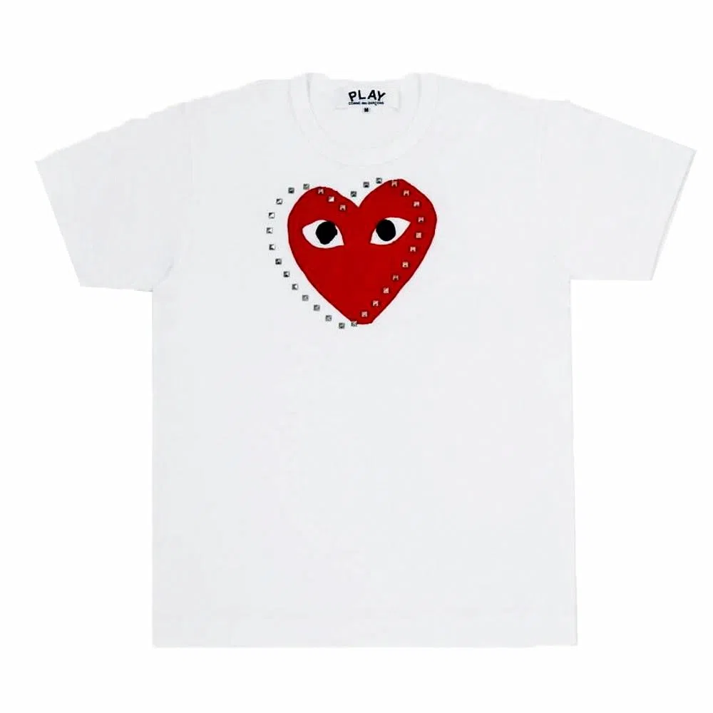 CDG Play FW24 Holiday Logo Heart Studded Tee Red
