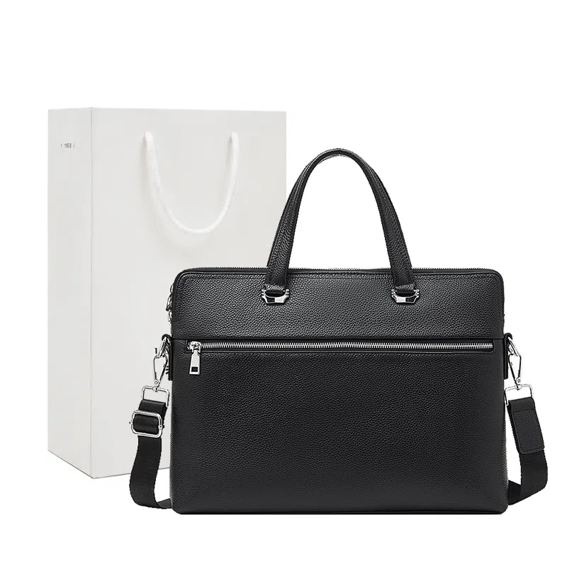 老人头 时尚商务通勤大容量斜挎包 头层牛皮 公文包 男款 黑色