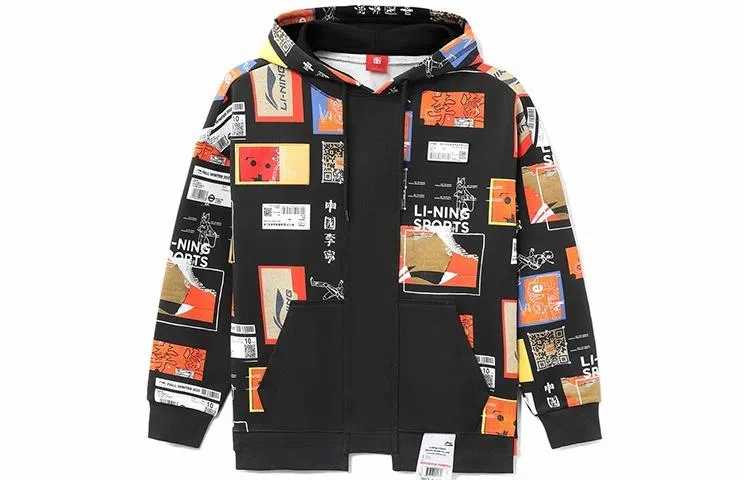 中国李宁 运动篮球系列 趣味满印宽松套头连帽卫衣 情侣款 拼色