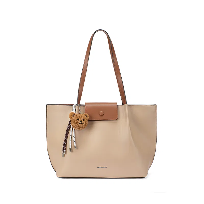 红蜻蜓 韩系潮流百搭腋下包通勤小众时尚可爱挂件手提包 牛剖层皮革拼超细纤维合成革 单肩包 常规 女款 驼色