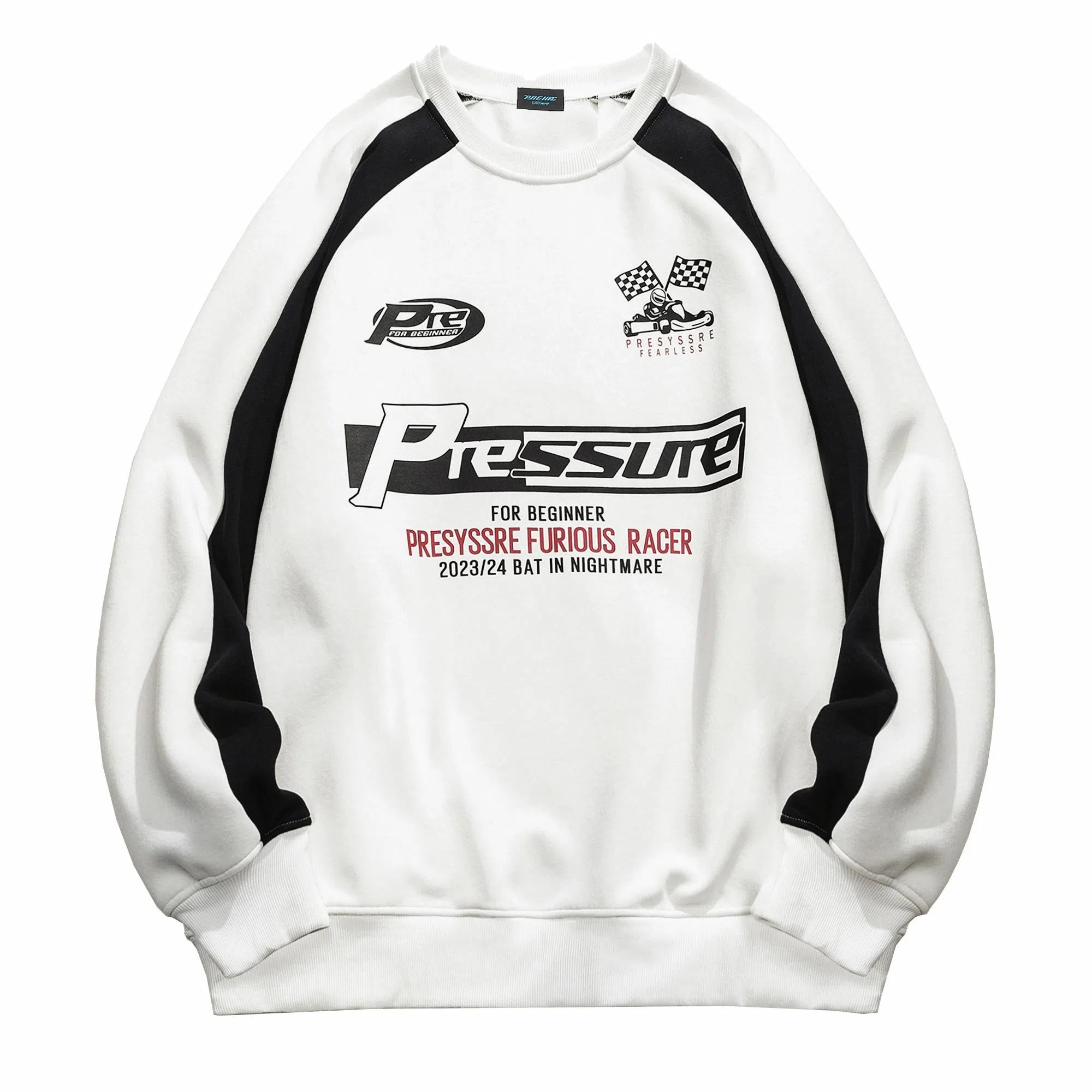 PRESSURE Retro Racing Flag Crewneck Sweatshirt
