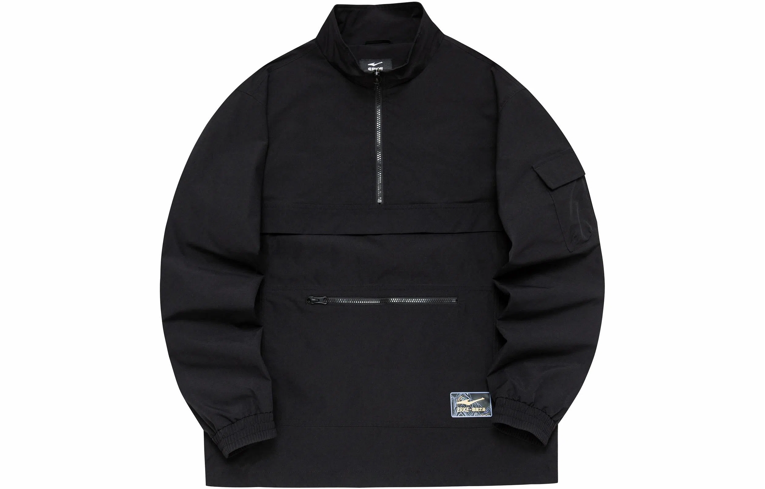 鸿星尔克 伍岳独尊 纯色口袋梭织套头长袖立领卫衣 男款 正黑