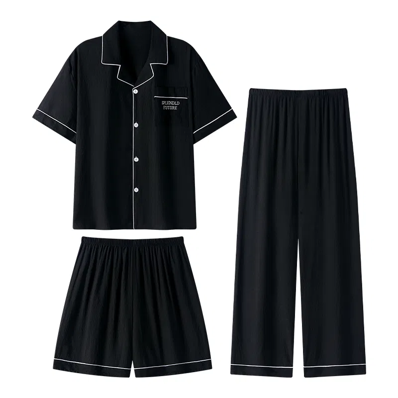 夏芬妍 简约休闲高级感纯色云朵棉翻领舒适亲肤宽松短袖三件套时尚可外穿家居服睡衣套装 男款 黑色