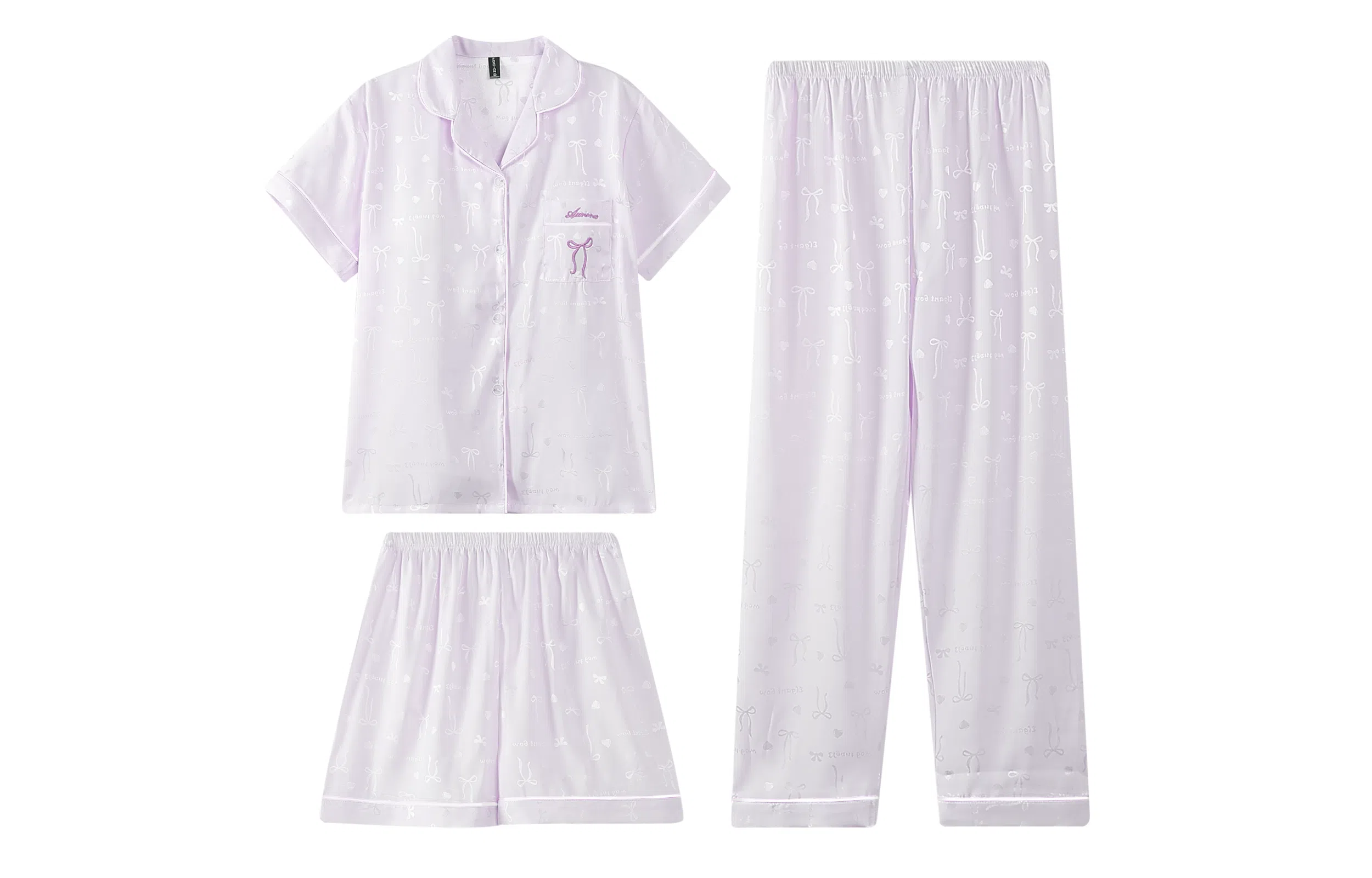 夏芬妍 简约休闲高级感蝴蝶结冰丝翻领带胸垫家居服舒适亲肤宽松短袖三件套可外穿睡衣套装 女款 紫色