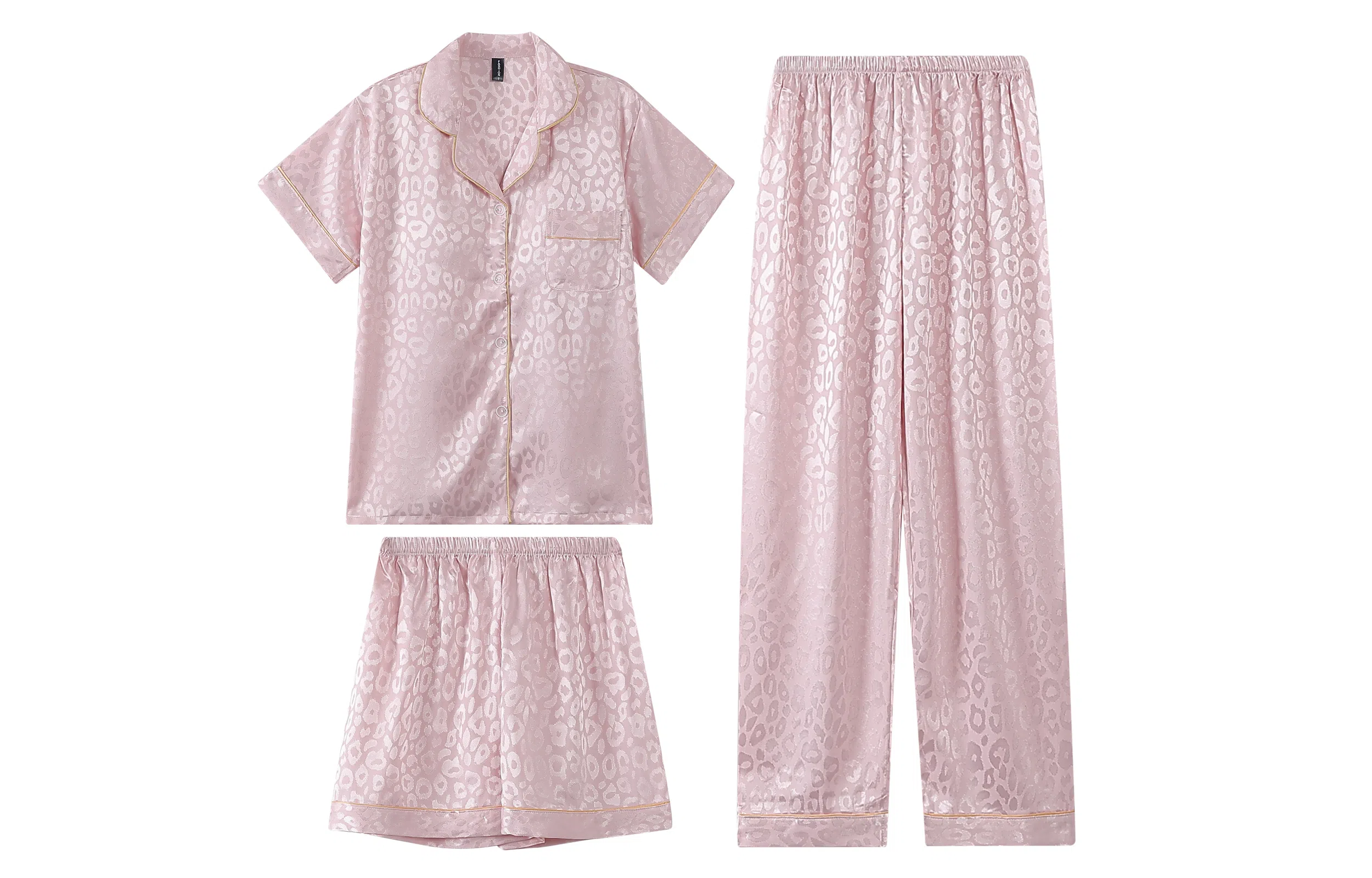 夏芬妍 简约休闲高级感豹纹冰丝翻领带胸垫家居服舒适亲肤宽松短袖三件套可外穿睡衣套装 女款 粉色