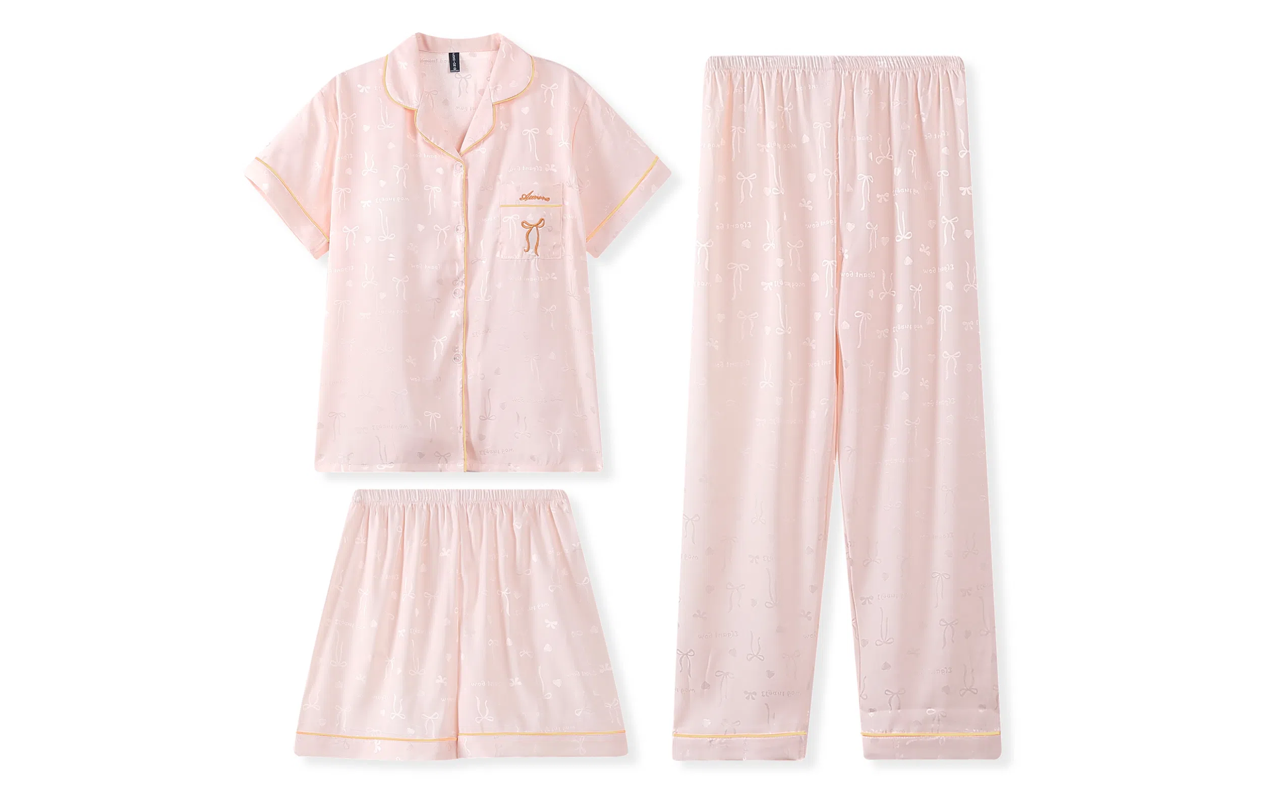 夏芬妍 简约休闲高级感蝴蝶结冰丝翻领带胸垫家居服舒适亲肤宽松短袖三件套可外穿睡衣套装 女款 粉色