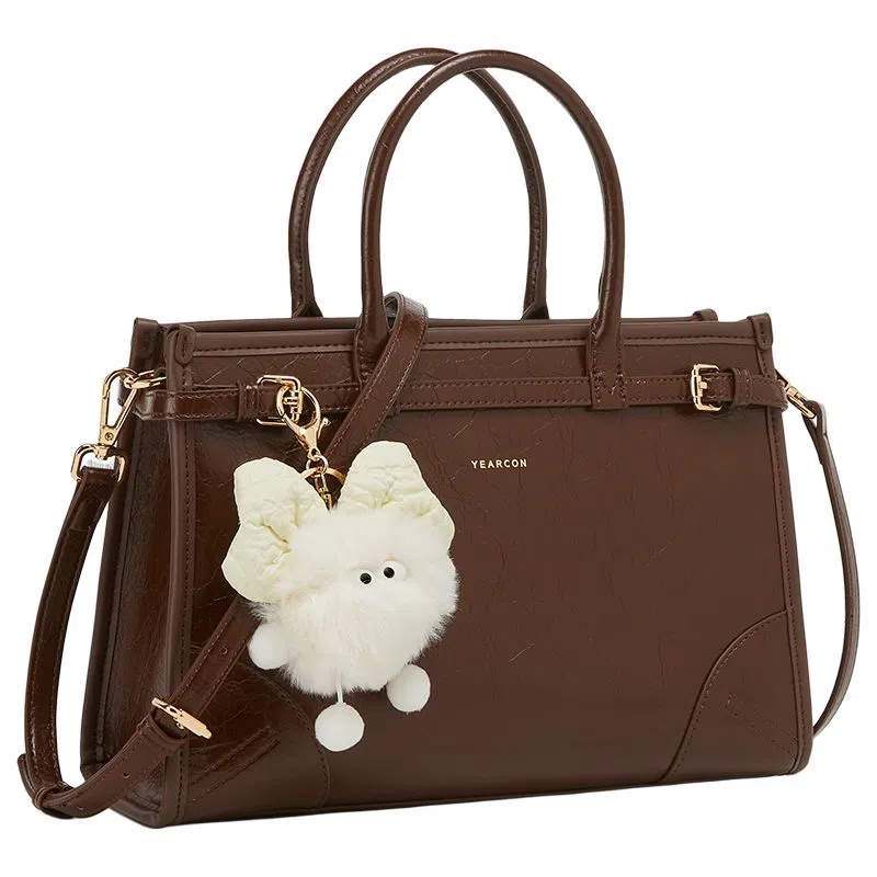 意尔康 高级感油蜡皮 合成革 手提包 中号 女款 黑色/咖啡