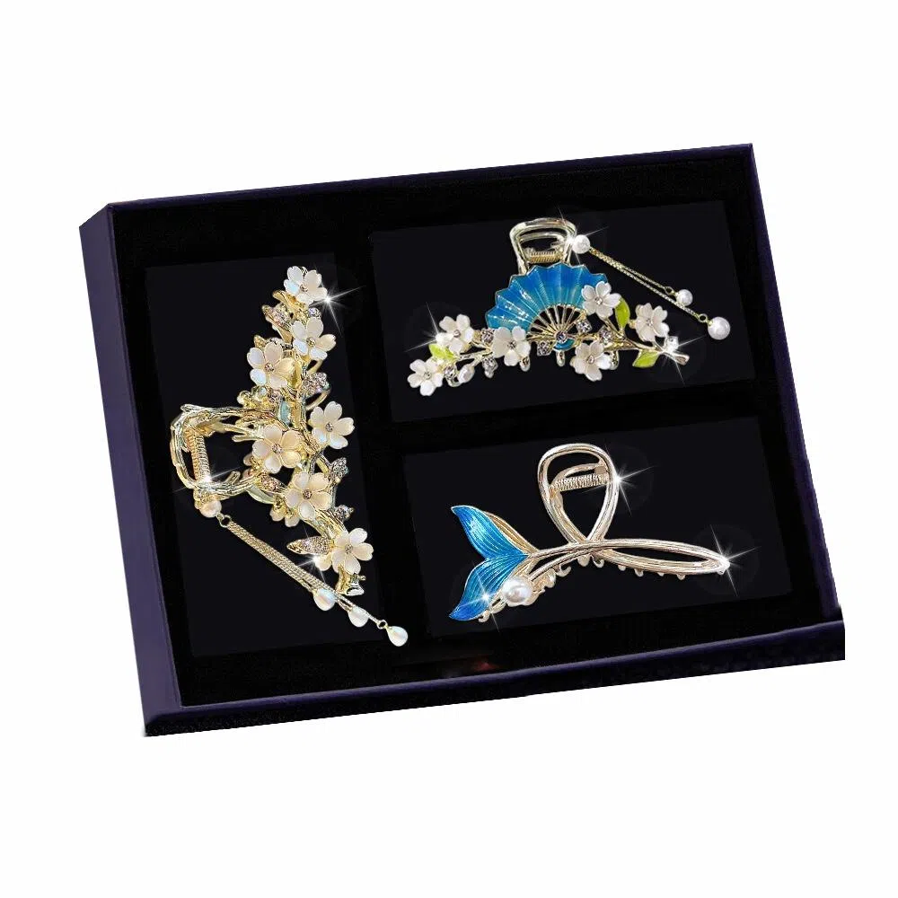 缔晶 复古时尚新中式画扇花朵流苏鲨鱼夹套装 森系清新发饰套装 合金 发夹 女款