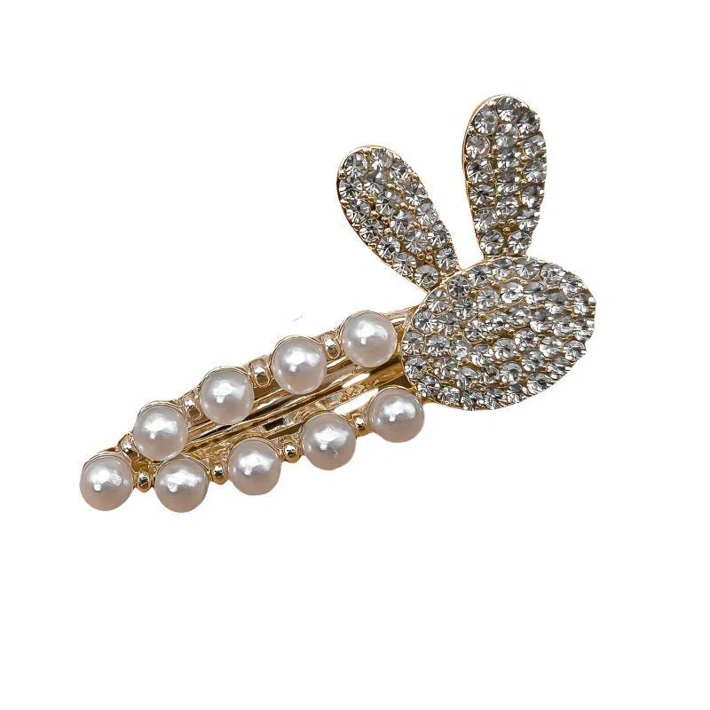 简应舒 兔头水钻珍珠一字夹碎发刘海夹前额边夹侧边夹子头饰 合金+仿钻 发夹 女款