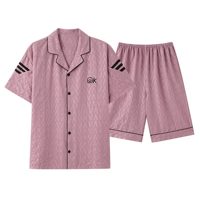 夏芬妍 简约舒适柔软字母提花云朵棉翻领开衫家居服亲肤休闲短袖短裤时尚可外穿睡衣套装 男款 紫粉色