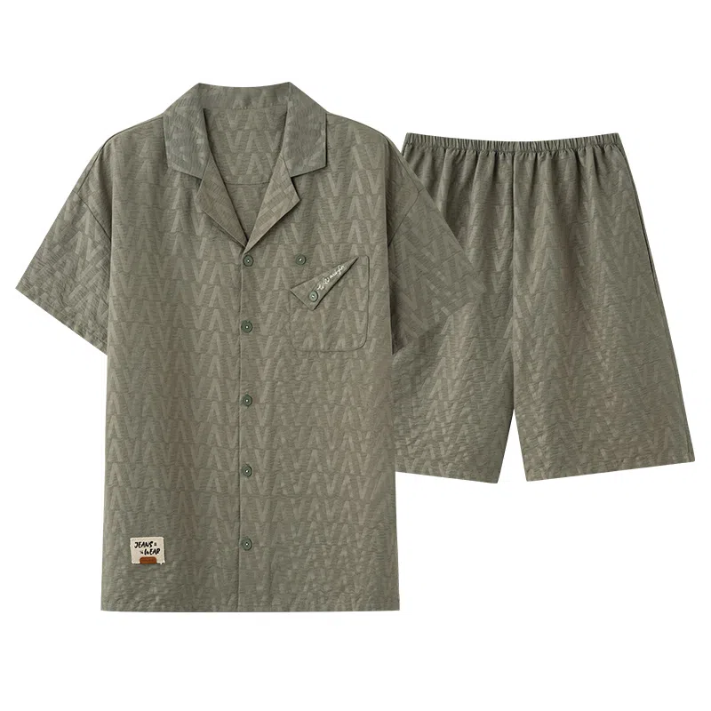 夏芬妍 简约舒适柔软字母提花云朵棉翻领开衫家居服亲肤休闲短袖短裤时尚可外穿睡衣套装 男款 橄榄绿