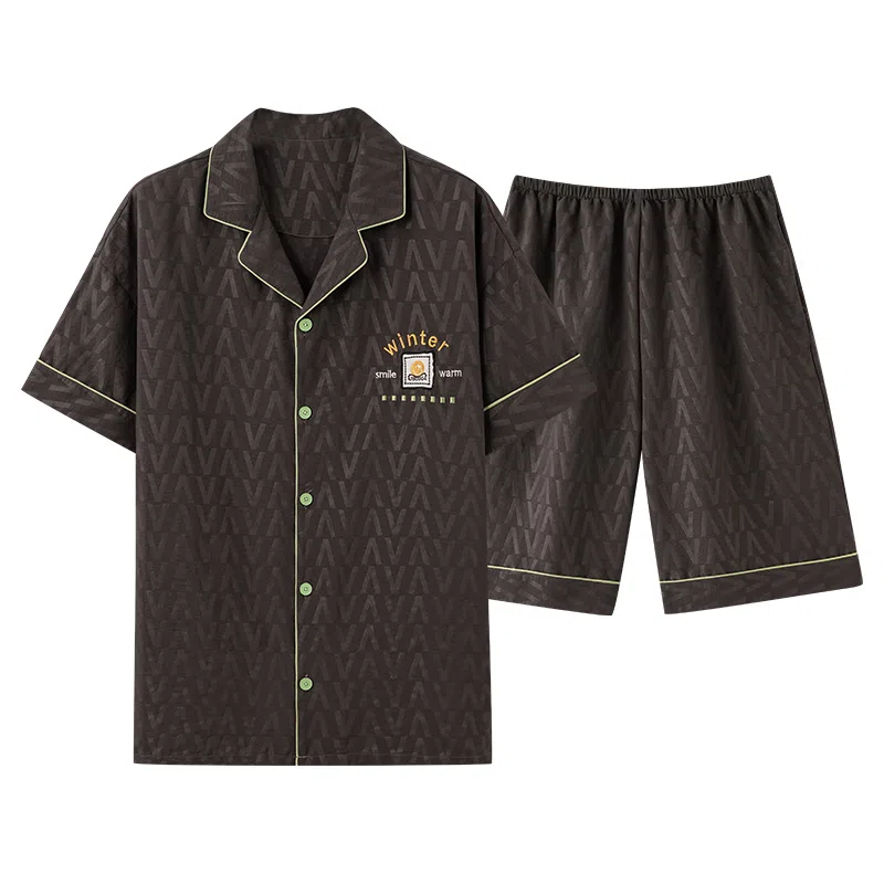 夏芬妍 简约舒适柔软字母提花云朵棉翻领开衫家居服亲肤休闲短袖短裤时尚可外穿睡衣套装 男款 棕色